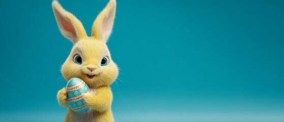Fototapeta premium Easter joy: a yellow bunny sharing happiness and festive spirit. Drama poster. Yellow bunny holding easter egg: a card for joyful celebrations. Fantasy poster. Visual poster.