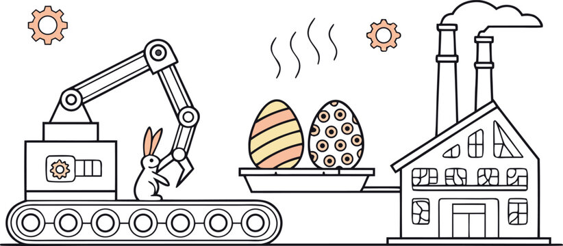 Easter bunny working in an egg factory with a robotic arm