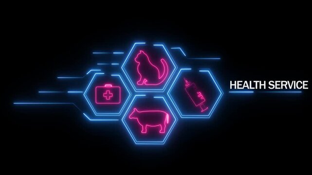 Neon glowing health service featuring a cat cow medical bag and syringe within hexagons connected by blue circuit lines on a black backdrop