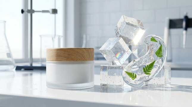 맑은 젤 텍스처와 함께 놓인 투명 아크릴 블록과 불투명 유리 단지 크림 목업