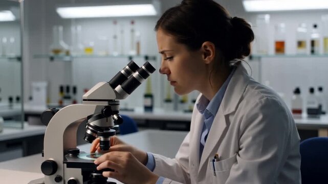A scientist examining samples through a microscope in a laboratory setting