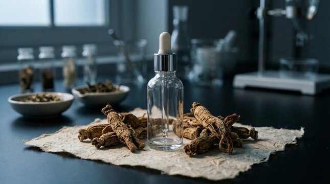 말린 인삼 뿌리와 한지 텍스처가 어우러진 깨끗한 연구실 배경의 투명 유리 앰플 목업