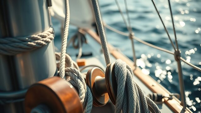 Sailboat ropes pulled taut by wind with a wooden pulley in dramatic light. 