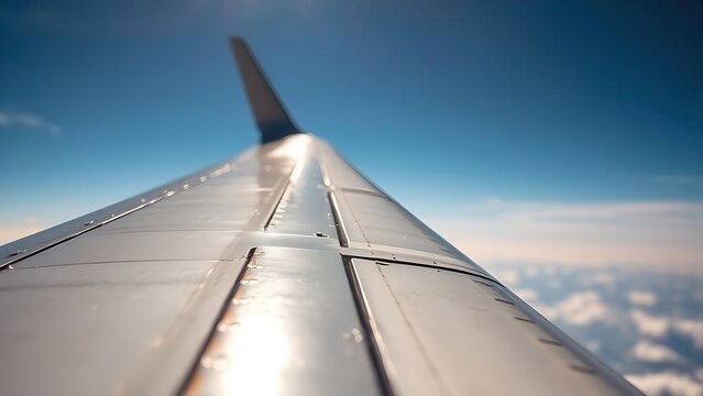  Extreme close-up of a metal aircraft aileron with rivets and painted surface. 
