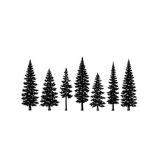 Obraz premium Hand drawn engraving pine and fir tree silhouettes vector forest set in brown isolated on white background