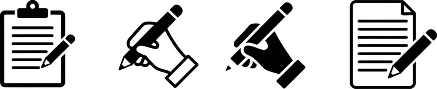 Clipboard and pencil icon set with hand writing symbols representing note taking, editing and office education vector illustration
