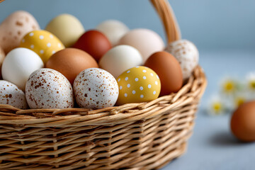 Pastel easter eggs in a wicker basket ready for an egg hunt during spring celebrations