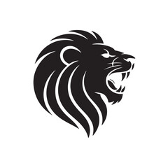 Obraz premium Black silhouette roaring lion head profile view with open mouth sharp teeth wild animal king majestic powerful predator symbol fierce mane.