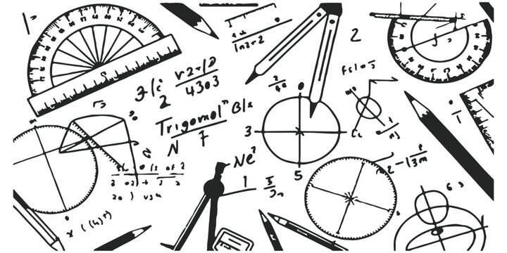 A detailed collection of mathematical sketches including geometric tools and various equations.