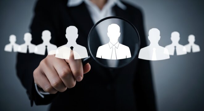 Businessman examining people icons through magnifying glass