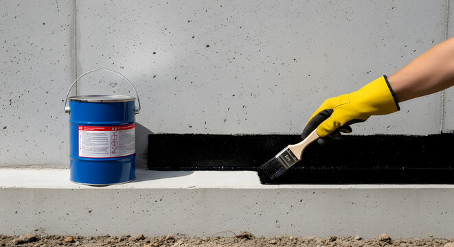 foundation waterproofing application | applying black bitumen sealant on concrete | protective coating for building foundation | house construction damp proofing