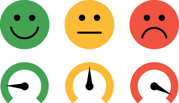 Satisfaction icon set with emoji faces and gauge meters showing happy neutral sad feedback levels for survey analytics illustration