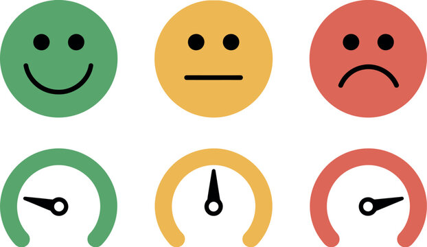 Satisfaction icon set with emoji faces and gauge meters showing happy neutral sad feedback levels for survey analytics illustration