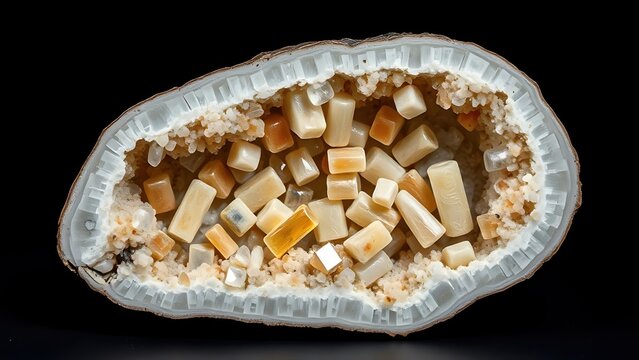  Polished cross-section of a mineral specimen with vari-colored crystals. 
