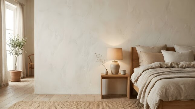 Minimalist Japandi Bedroom with Copyspace on Textured Plaster Wall