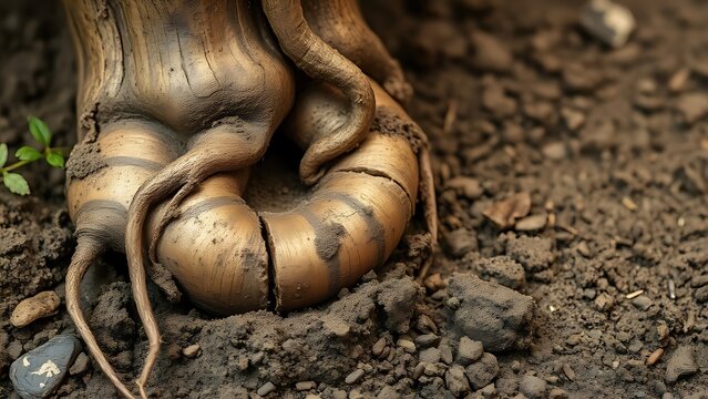  Close-up of a kava plant root with rough textured surface and fresh soil in natural earthy tones. 