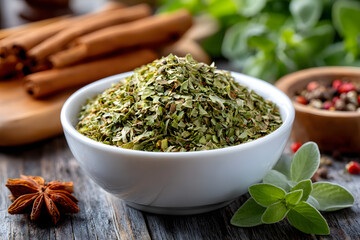 Dried oregano green herb flakes on a wooden table with other spices and herbs in the background