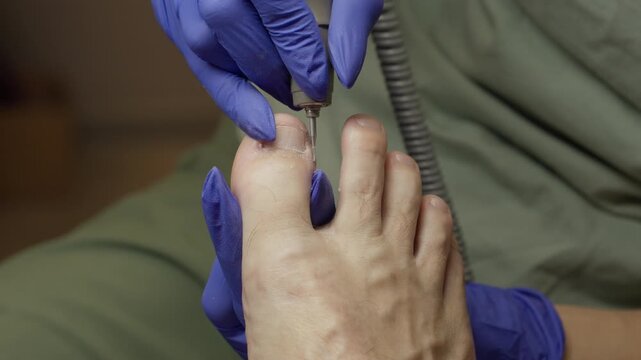 Closeup technician debrides thick nail with rotary tool blue gloves, steady hand, careful removal of excess tissue.