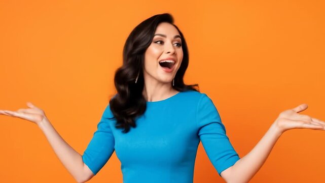 Cheerful woman gesturing with hands isolated on bright background studio shot