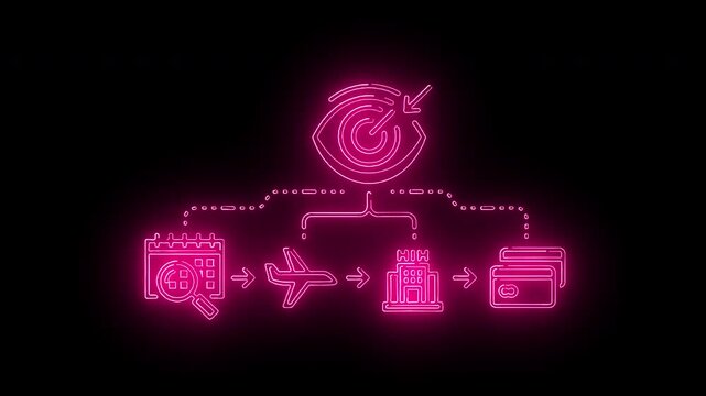 Neon pink flowchart diagram with icons on black background, illustrating a process with a target, camera, airplane, briefcase, and printer.