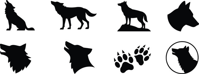 Black wolf silhouette collection featuring howling wolves standing on rocks wolf head profiles paw prints and tracks for wildlife nature conservation and outdoor design projects. © Mehedi