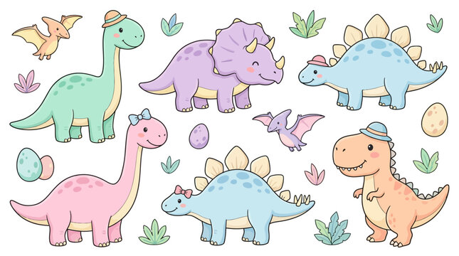 A charming collection of cute, pastel-colored cartoon dinosaurs wearing hats, accompanied by pterodactyls and dinosaur eggs, set against a white background with small green plants.