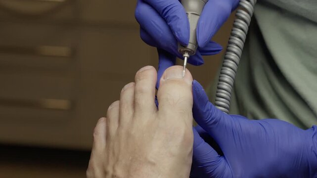 Closeup white foot - pedicurist uses electric rotary file to shape toenail. Blue gloves, spinning bit, controlled pressure.