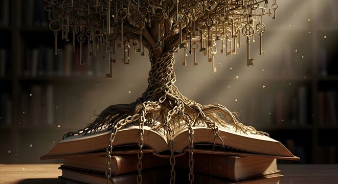 Golden tree of knowledge made of keys growing from an open book on a desk with a bookshelf background, symbolic of wisdom and opportunity