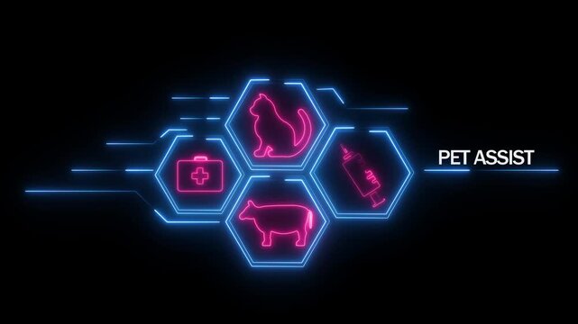 Neon glowing for pet assistance including a cat cow first aid kit and syringe on a dark background with digital lines