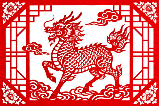 Red Chinese Paper-cutting of Qilin with Patterns