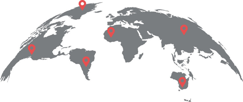 Gray World Map with Red Location Pins Global Travel Vector