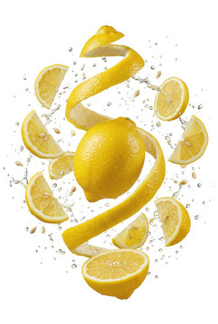 Exploding lemon with floating slices and zest