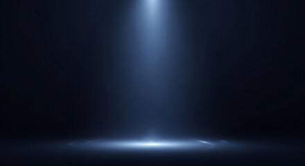 Obraz premium Dynamic blue-white spotlight illuminates a glowing circular floor in a dark void