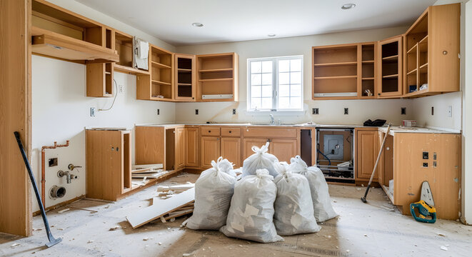 Kitchen renovation and demolition site | Old kitchen cabinets being removed | Home improvement project with debris bags | Residential interior construction site