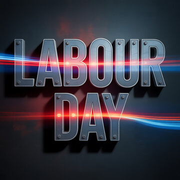 Labour Day celebration with shiny text and light trails on a dark background