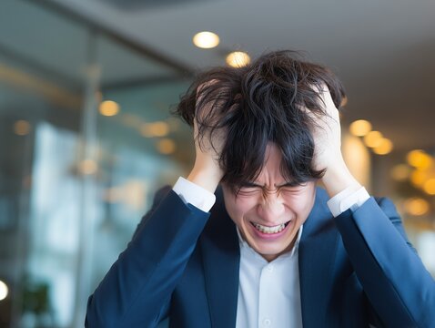 仕事の過度なストレスやトラブルで頭を抱えて絶望し叫んでいるスーツ姿のビジネスマン