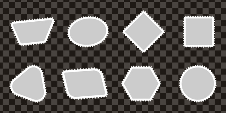 Postage stamp templates with serrated edges and various geometric shapes for creative design