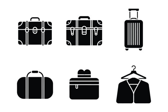 Suitcase, duffel bag, hat box, and hanger vector icons