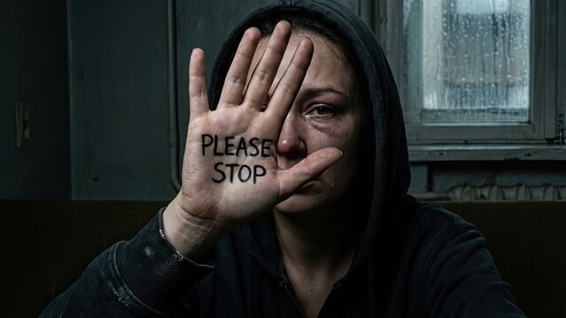 Pleading for an End: A distressed individual extends a hand, the plea PLEASE STOP etched on the palm, their face etched with raw emotion, embodying vulnerability and desperation.