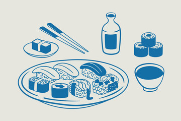 Blue line art illustration of a sushi set with chopsticks and sake bottle outline sketch vector illustration design © Business Technology