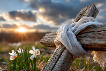 Wooden cross draped with white cloth stands in a field at sunset, flowers bloom nearby, sky is filled with clouds