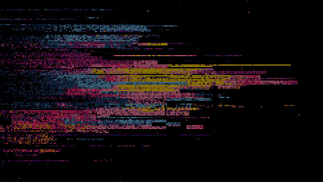 Glitch background vector with abstract colorful lines. Digital distortion effect with pixelated stripes. Cyberpunk data noise pattern for futuristic graphic overlay and creative design.