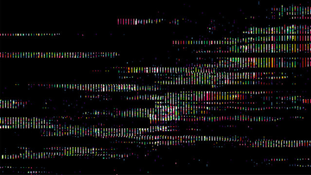 Abstract glitch background with colorful digital noise and pixelated interference. Graphic pattern for modern technology, science fiction, cyber security and video signal disruption design.