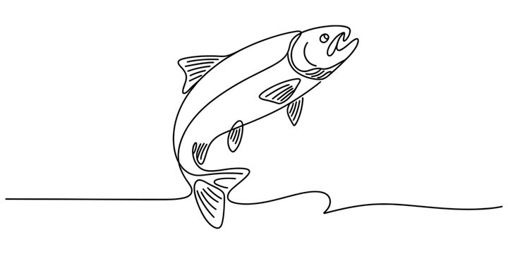 A minimalist black and white line art drawing of a leaping fish on a clean white background area. Vector, illustration