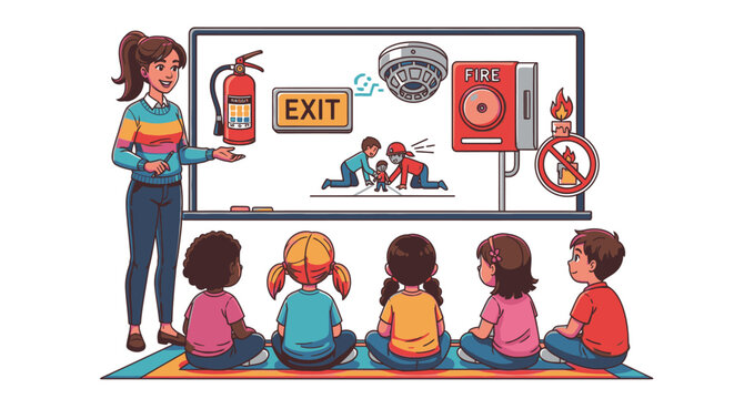 A woman teaches children about fire safety using a whiteboard with illustrations in a classroom setting with a colorful rug.