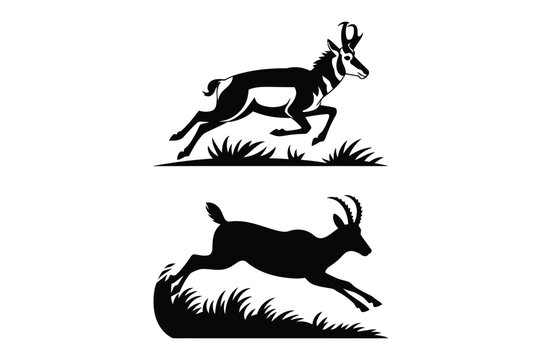 Dynamic black silhouette vector illustration of running and jumping pronghorn