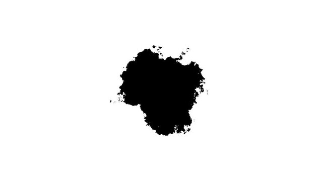 white backdrop Grunge Ink spreads, abstract paint brush stroke shape black ink splattering flowing, 4K ink splatter transition in black and white seamless loop, Ink Drops Transition white Background,