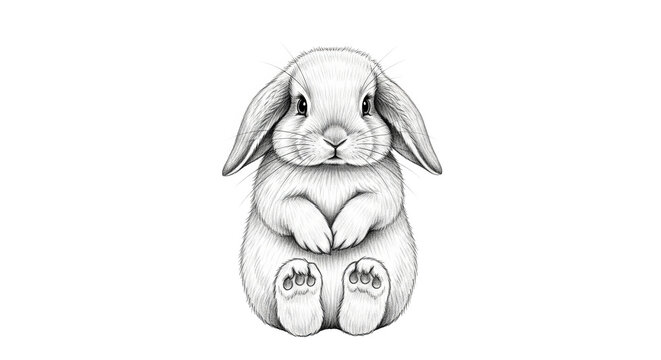 A detailed pencil sketch captures a fluffy lop eared rabbit sitting upright with its paws together.