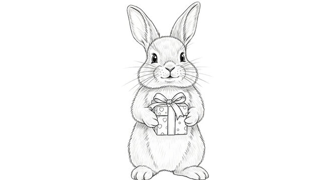 A charming sketch of a white rabbit holding a gift box tied with a ribbon.
