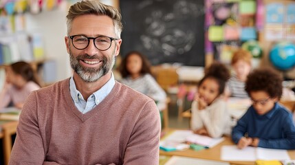 Fototapeta premium A smiling teacher standing in front of his students in a classroom